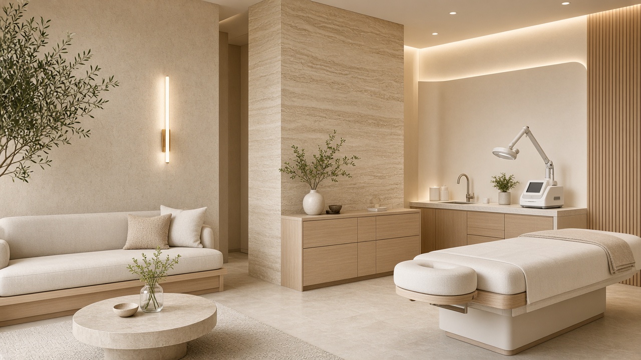 DERAVIA kliniği iç mekan — sıcak ivory tonları ve modern tasarım