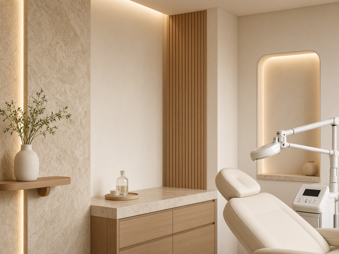 DERAVIA kliniği iç mekan detayı — sıcak taş ve ivory yüzeyler