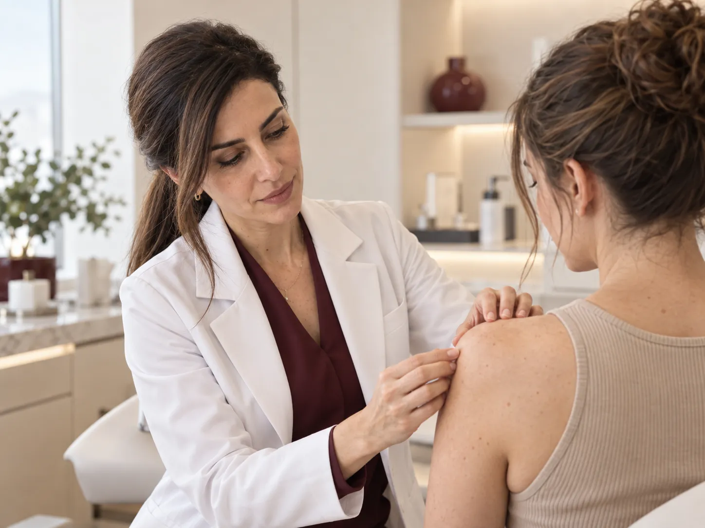 Dermatolog cilt muayenesi yaparken