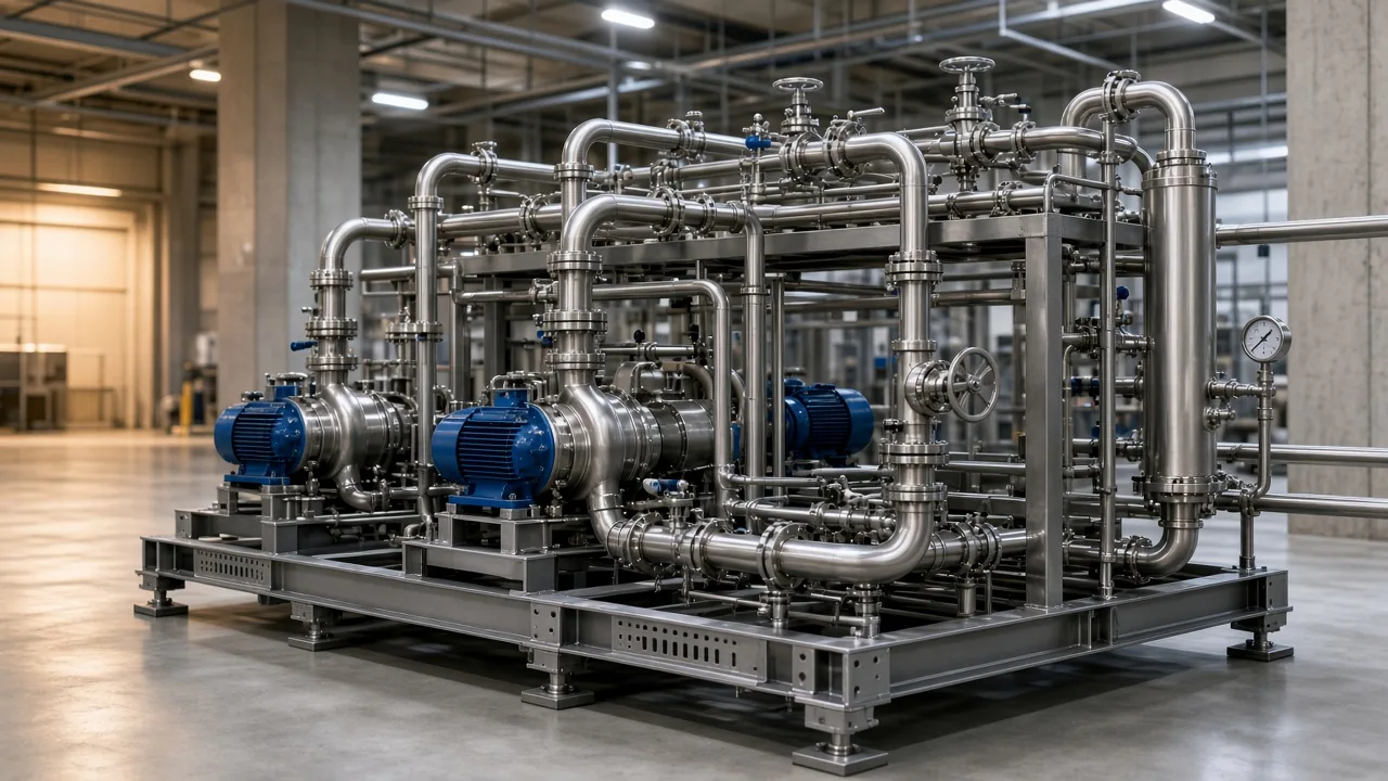 Çelik şase üzerinde prefabrik paslanmaz proses boru modülleri ve manifoldlar