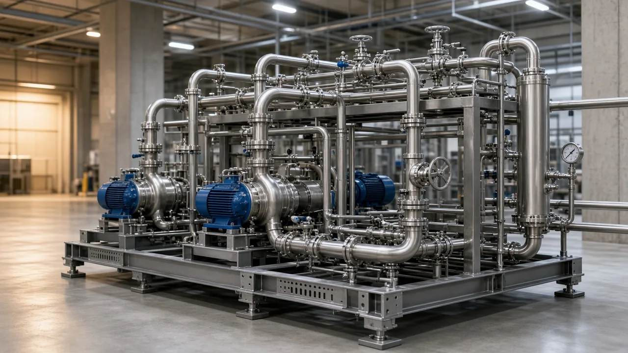 Montajı tamamlanmış modüler paslanmaz proses skid sistemi