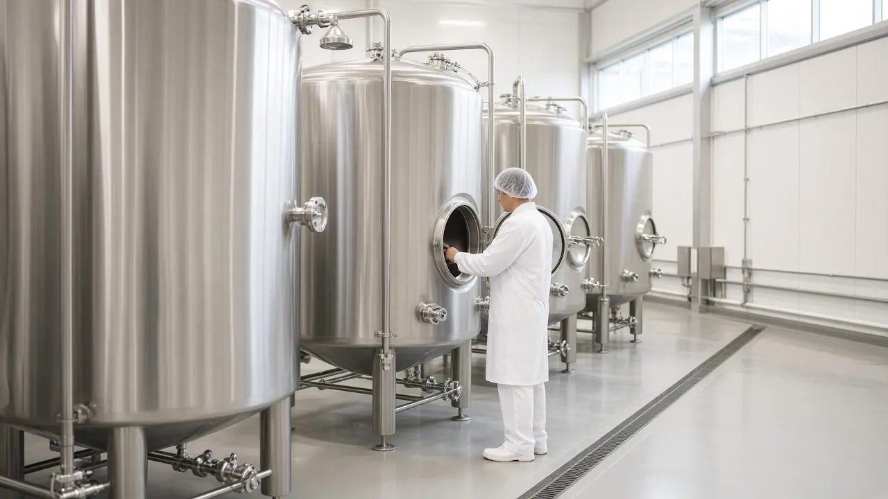 Hijyenik gıda proses salonunda paslanmaz tanklar ve CIP bağlantıları