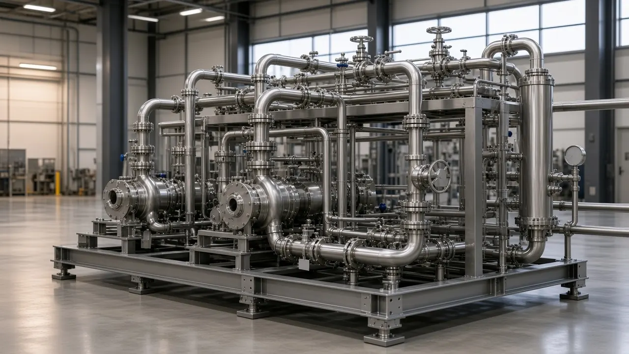 Atölyede duran prefabrik paslanmaz proses boru ve manifold grubu