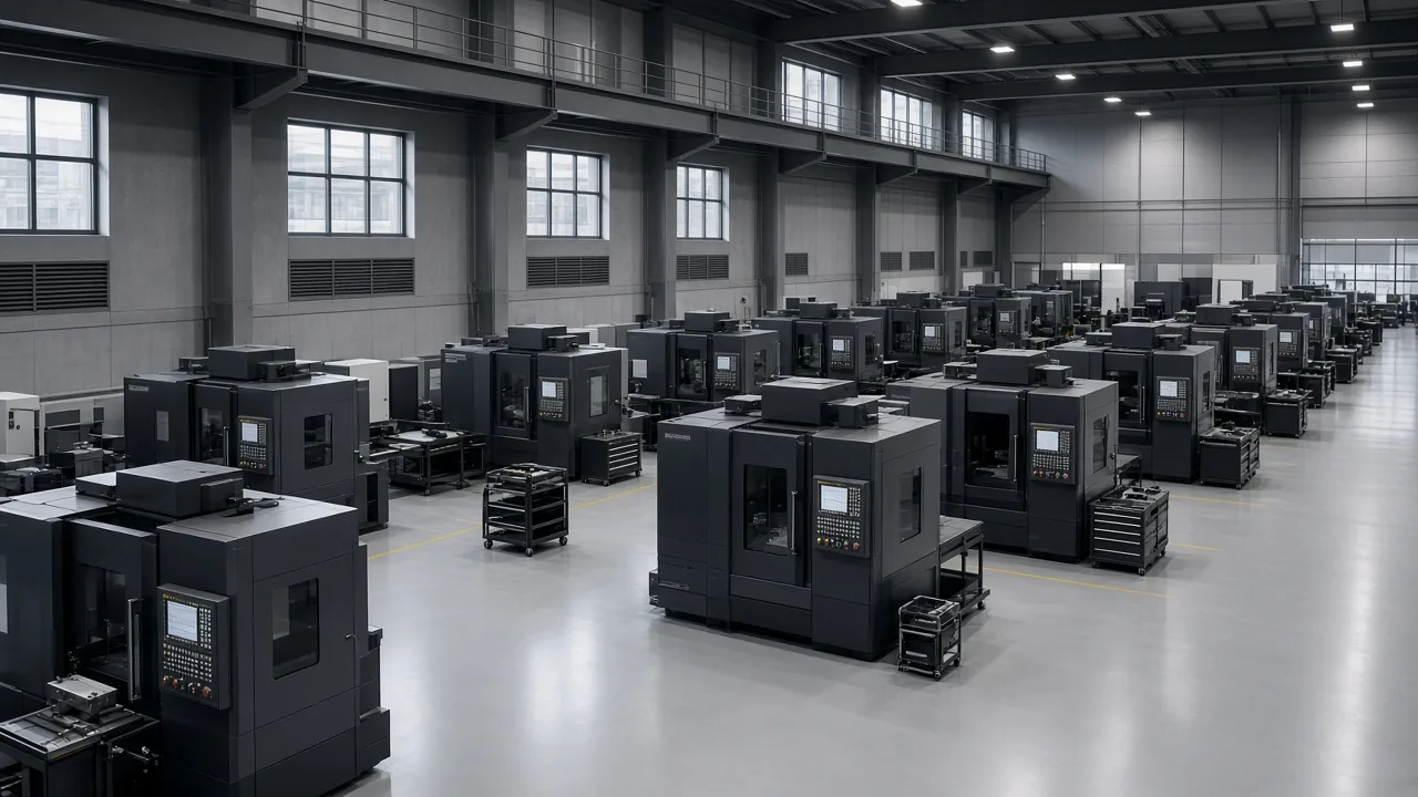 Düzenli CNC üretim salonunun geniş açılı görünümü
