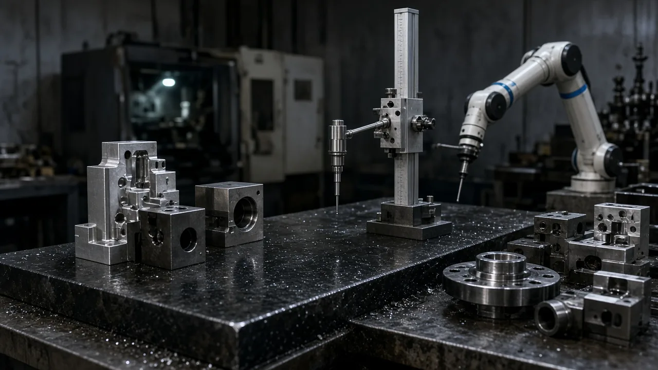 Granit masada CMM kolu, yükseklik saati ve işlenmiş metal parçalar