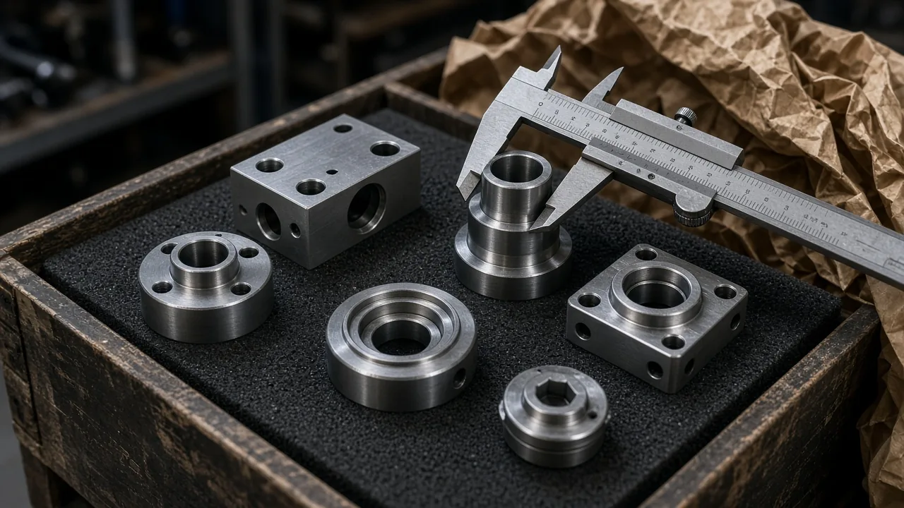 Teslim öncesi son ölçü kontrolü yapılan işlenmiş metal parçalar