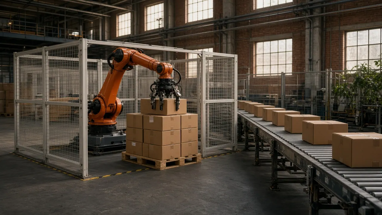 Mevcut koli konveyörüne bağlanan robotik palet hücresi