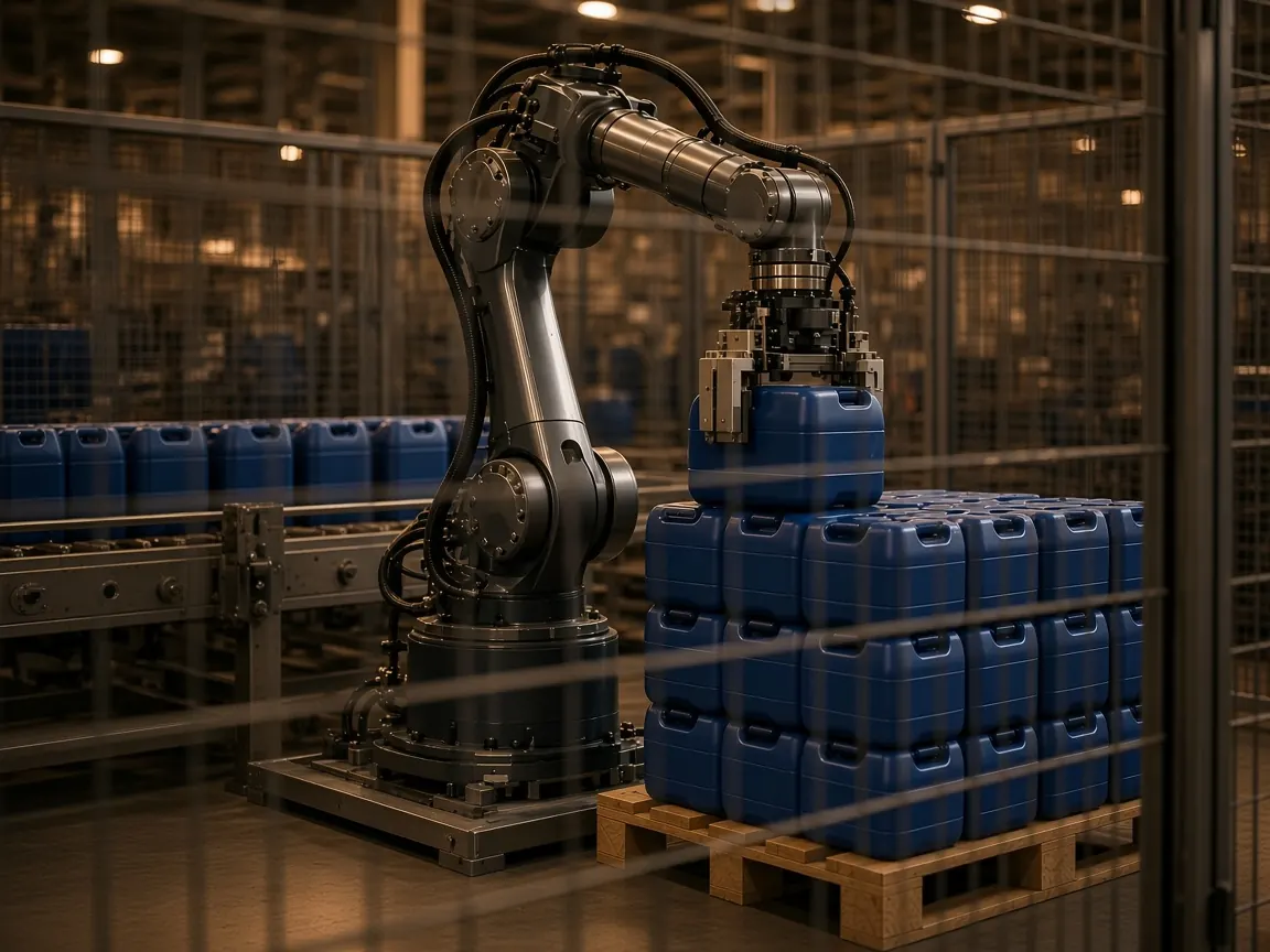 Güvenlik çiti içindeki robotik palet hücresi