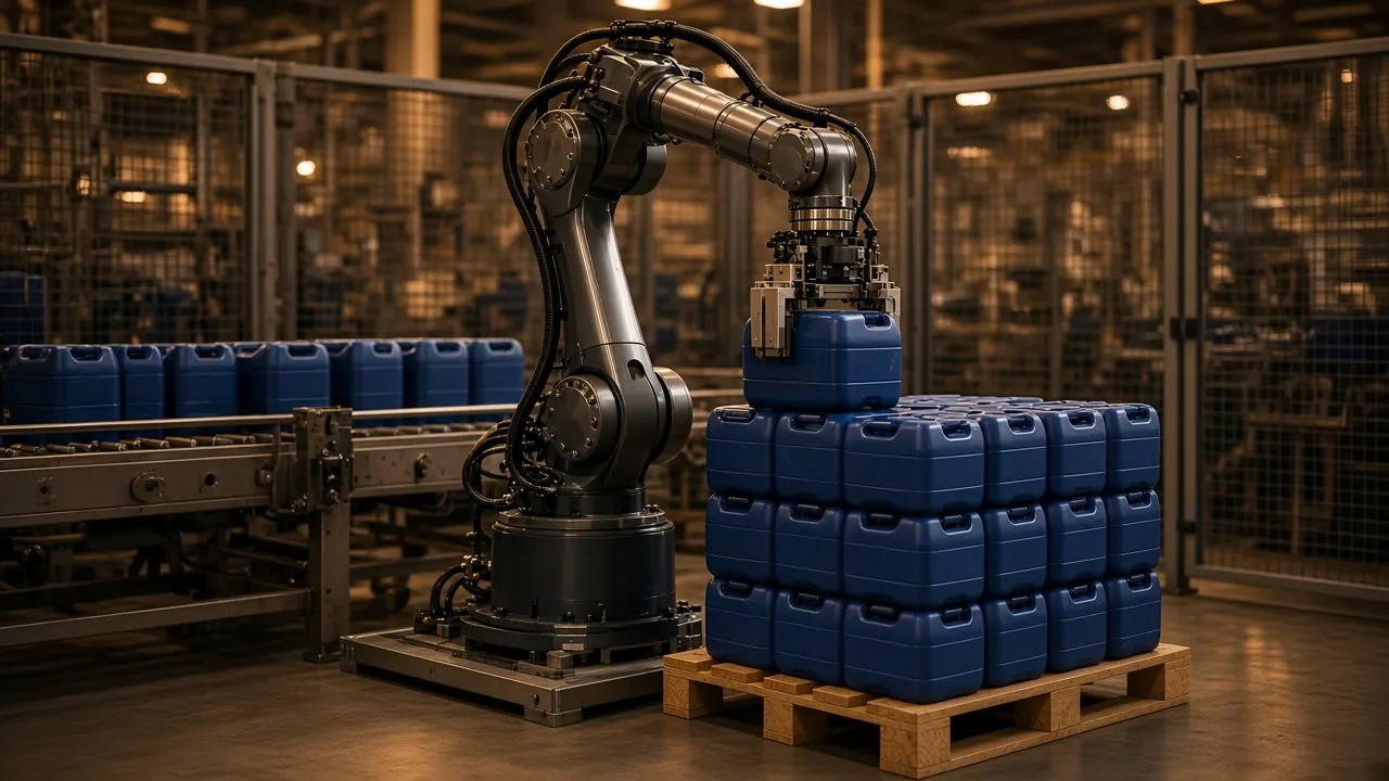 Bidonların palet üzerinde katmanlandığı robotik hücre