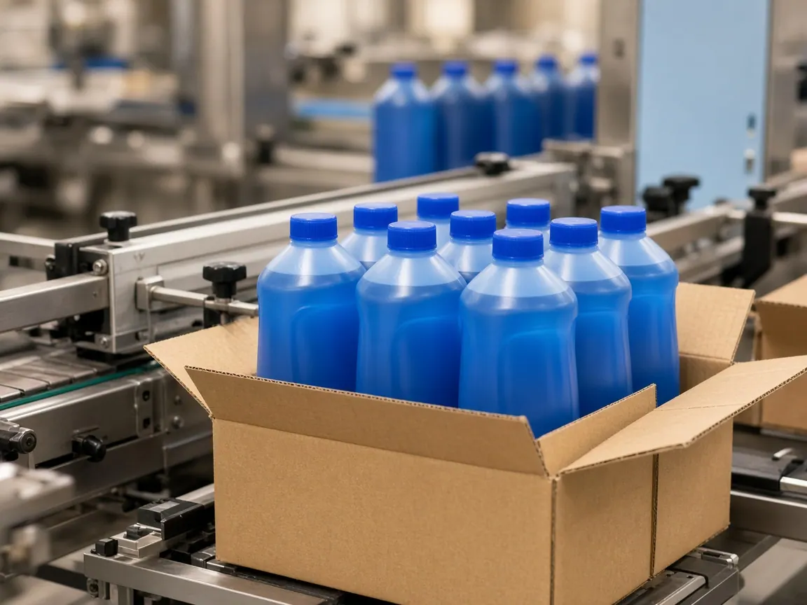 Mavi ev bakım şişelerinin kraft koliye dizildiği istasyon