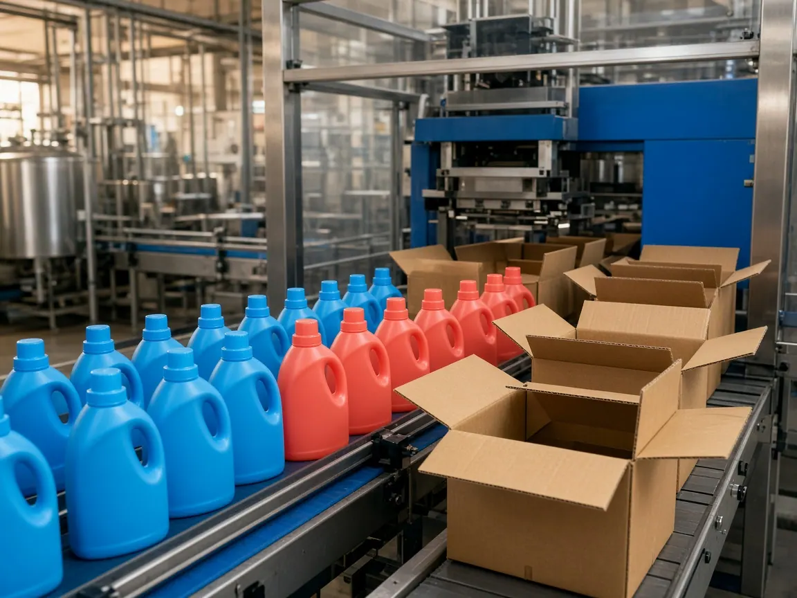 Renkli ev bakım şişelerinin kolilendiği paketleme hattı
