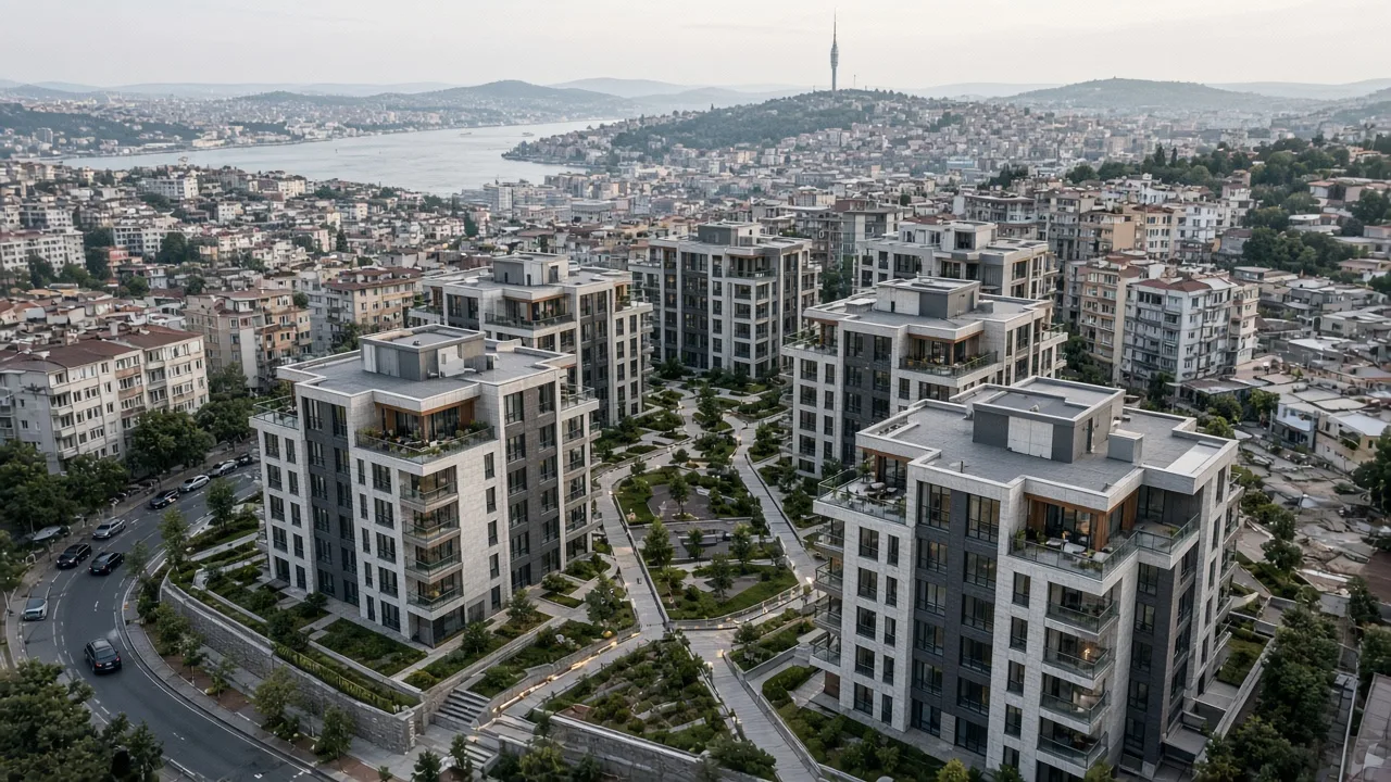 Kentsel dokuya entegre planlanmış konut geliştirme projesi, kuşbakışı görünüm