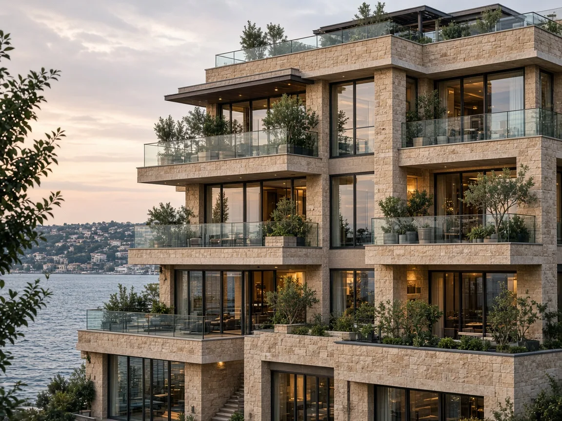 Liva Residences — taş ve cam cephe, teraslı kütlesel organizasyon