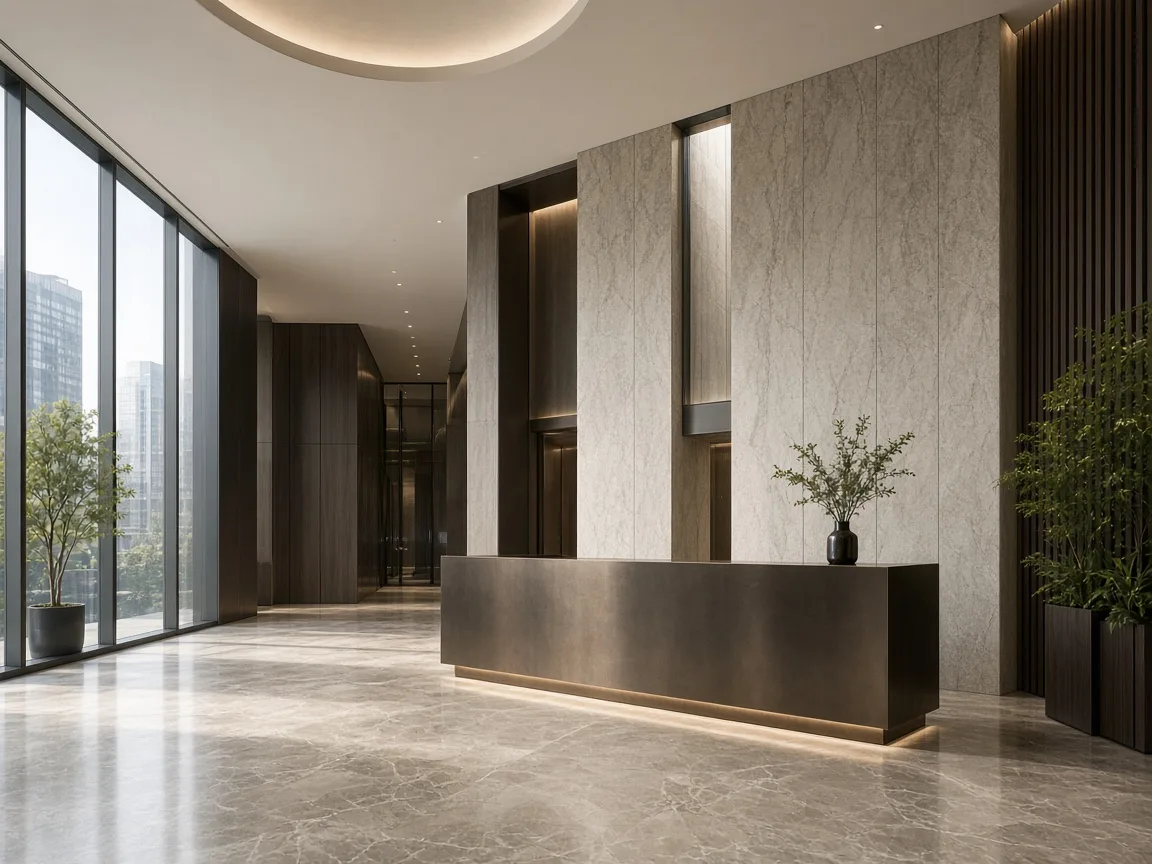 Meridian Offices — taş ve metal giriş holü detayı