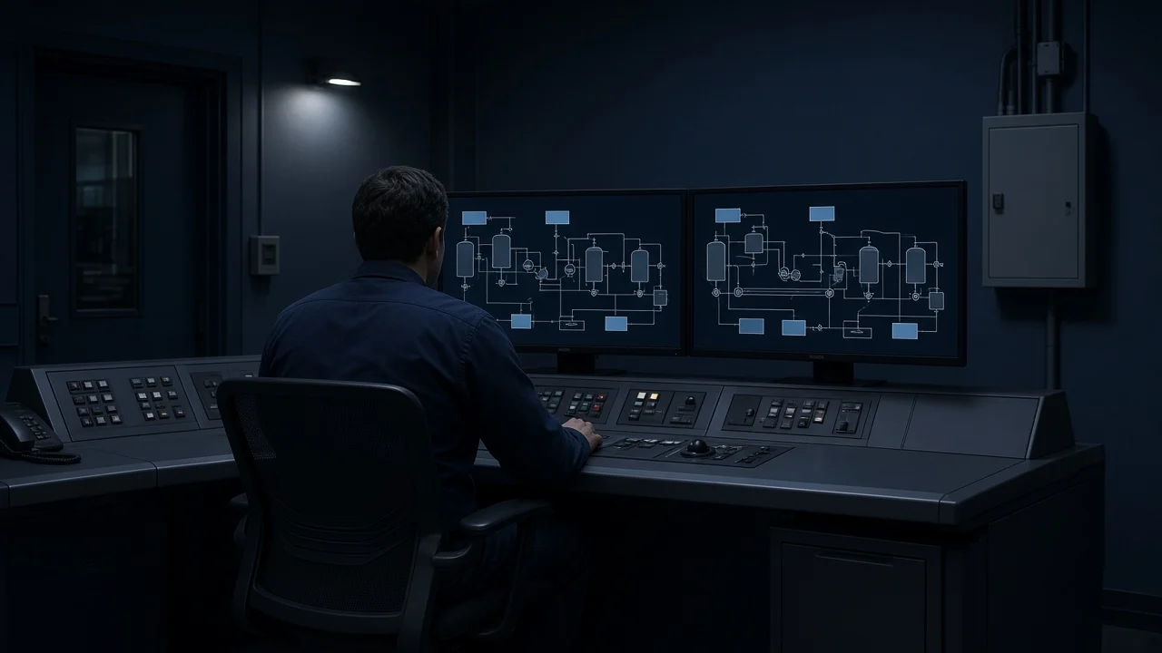 Hat şemasının izlendiği kontrol odası ve SCADA konsolu