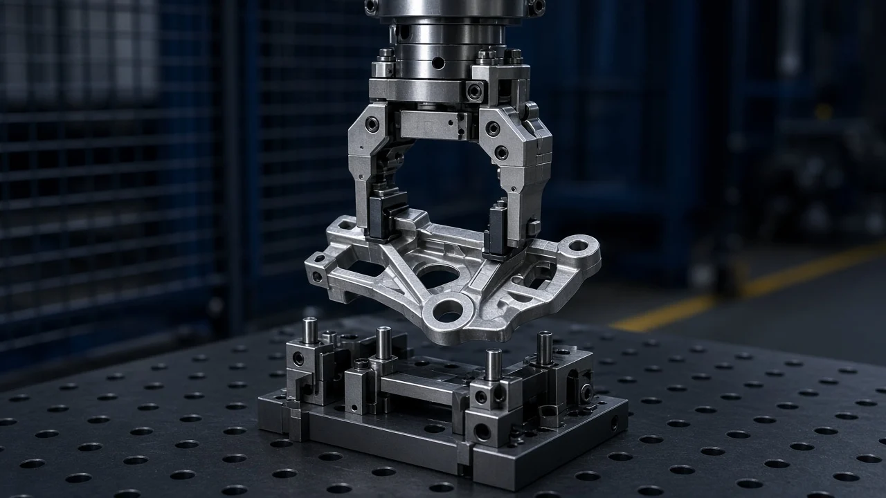 Fikstür üzerindeki otomotiv parçasını tutan robot tutucusu