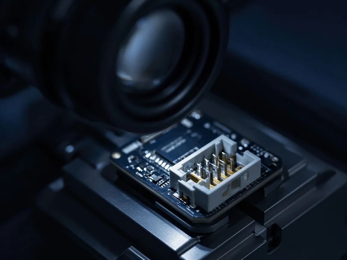 Yapılandırılmış bar ışığı altında kamera merceğiyle bakılan elektronik parça