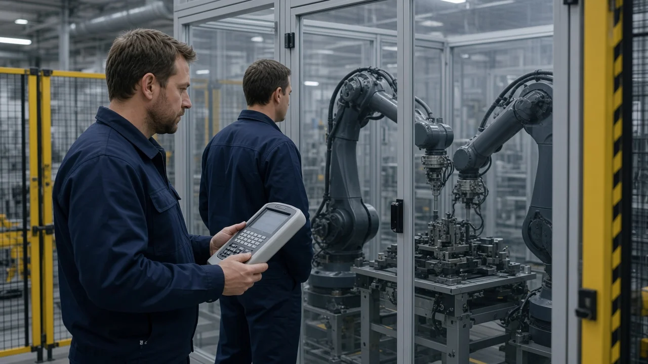 Öğretme pendantı ile robot hücresini birlikte doğrulayan iki mühendis
