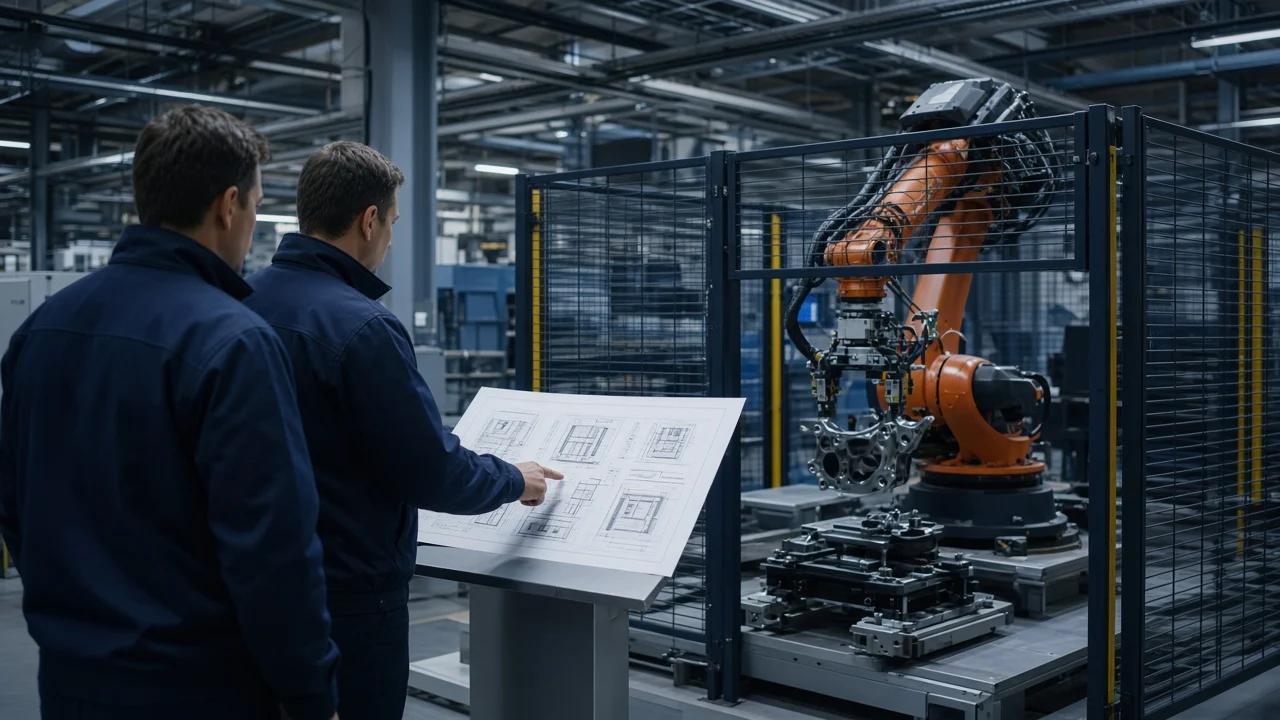 İki mühendis, emniyet çevreli robot hücresinin yerleşim çizimini inceliyor