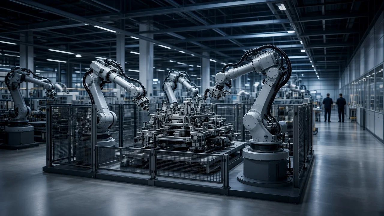 Yüksek tavanlı modern tesiste senkron çalışan robotik hücreler ve üretim holü