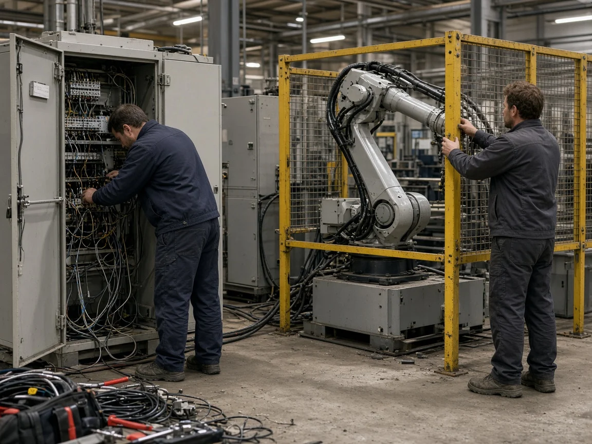Robot hücresinde emniyet çiti ve açık pano ile entegrasyon yapan iki mühendis