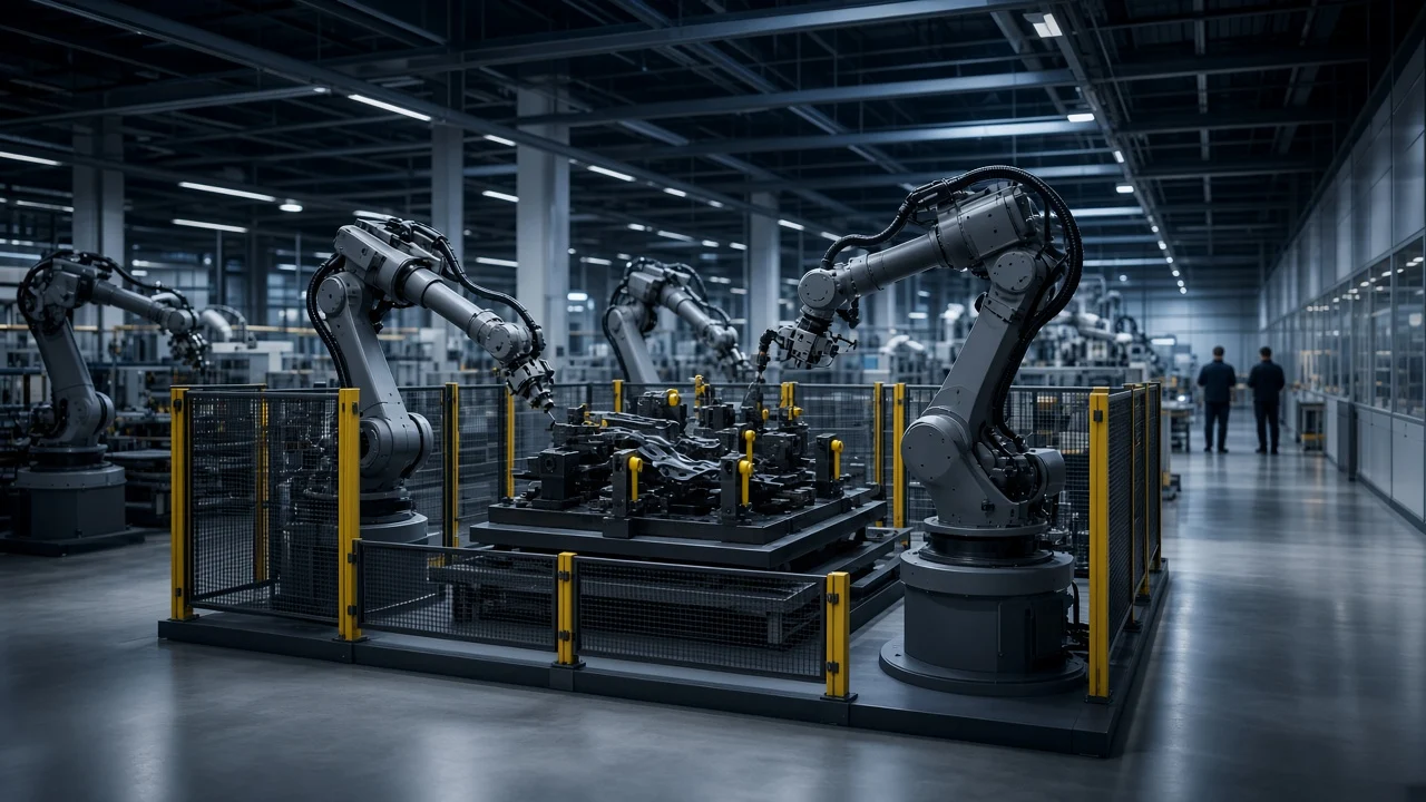 Emniyet çevreli otomotiv montaj hücresinde çalışan iki endüstriyel robot