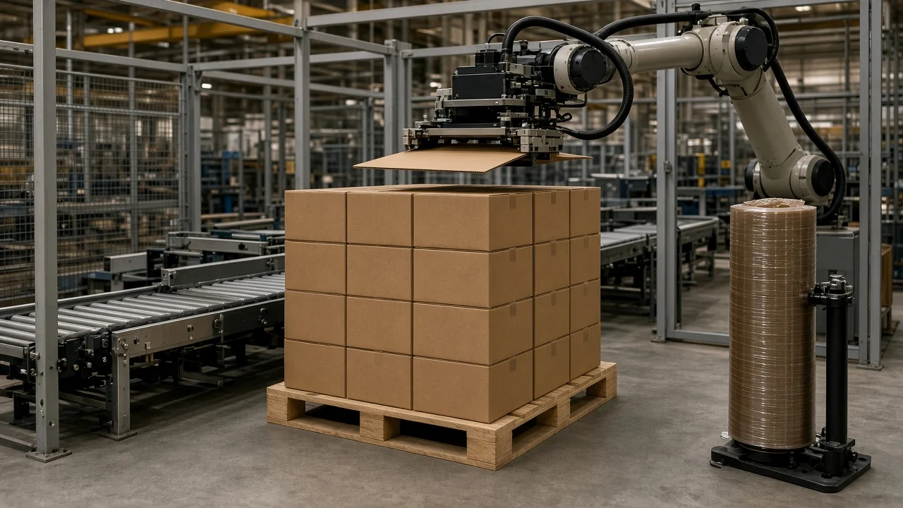 Karton palet üzerine ayırıcı yerleştiren hat sonu paletleme robotu