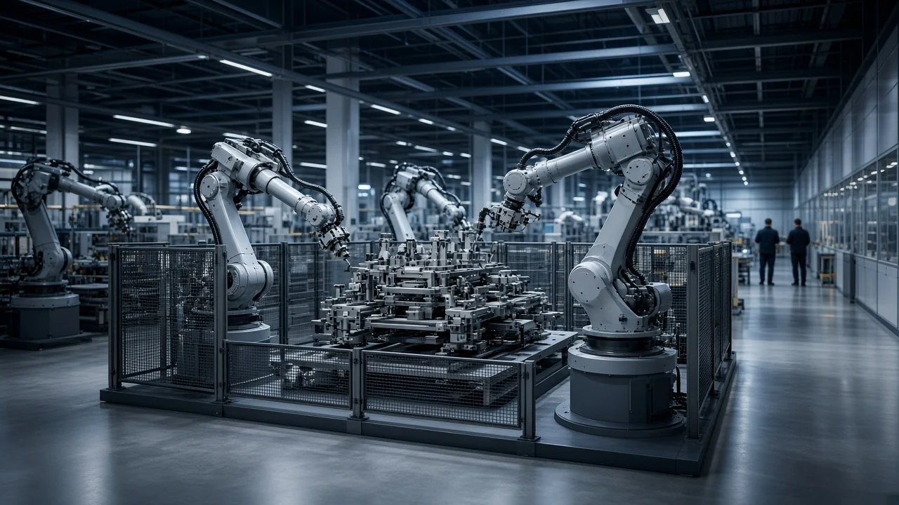 Modern üretim tesisinde endüstriyel robotik hücre