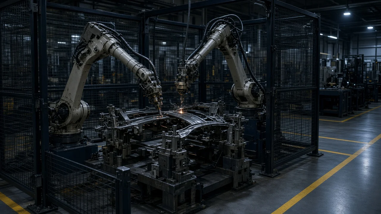 Otomotiv tedarik hücresinde metal parça montajı yapan endüstriyel robotlar