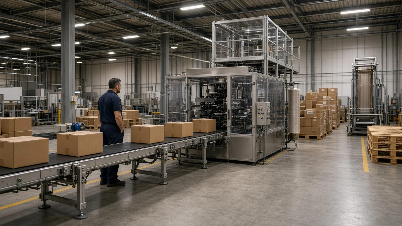 Karton kutuların konveyörde ilerlediği hat sonu paketleme alanı