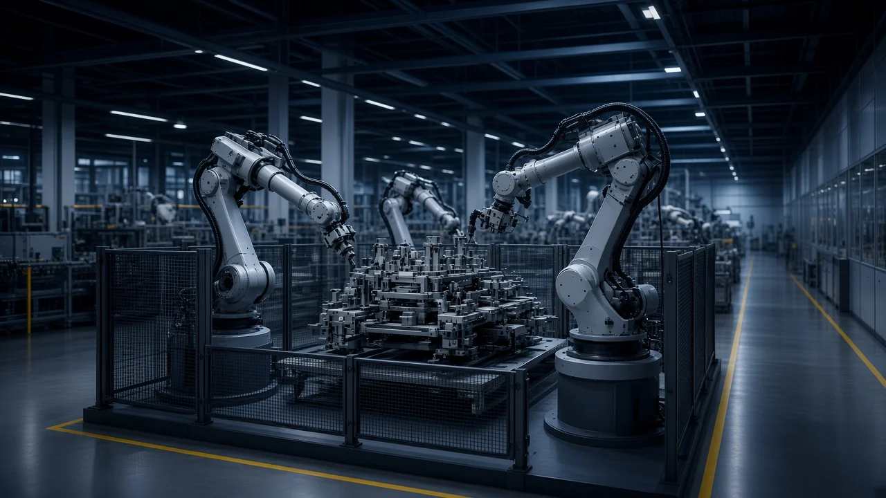 Senkron çalışan iki endüstriyel robot kolunun bulunduğu montaj hücresi