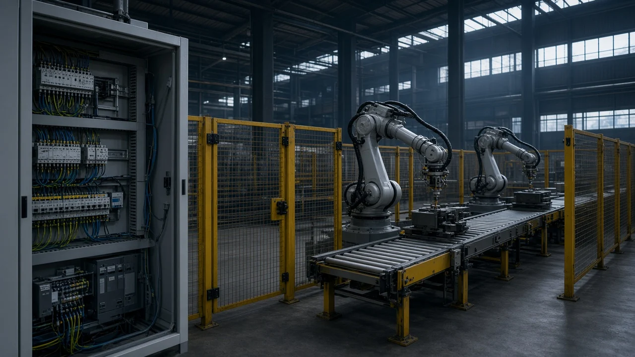 Emniyet çevreli robot hücresi, transfer hattı ve açık kontrol panosunun bulunduğu üretim holü