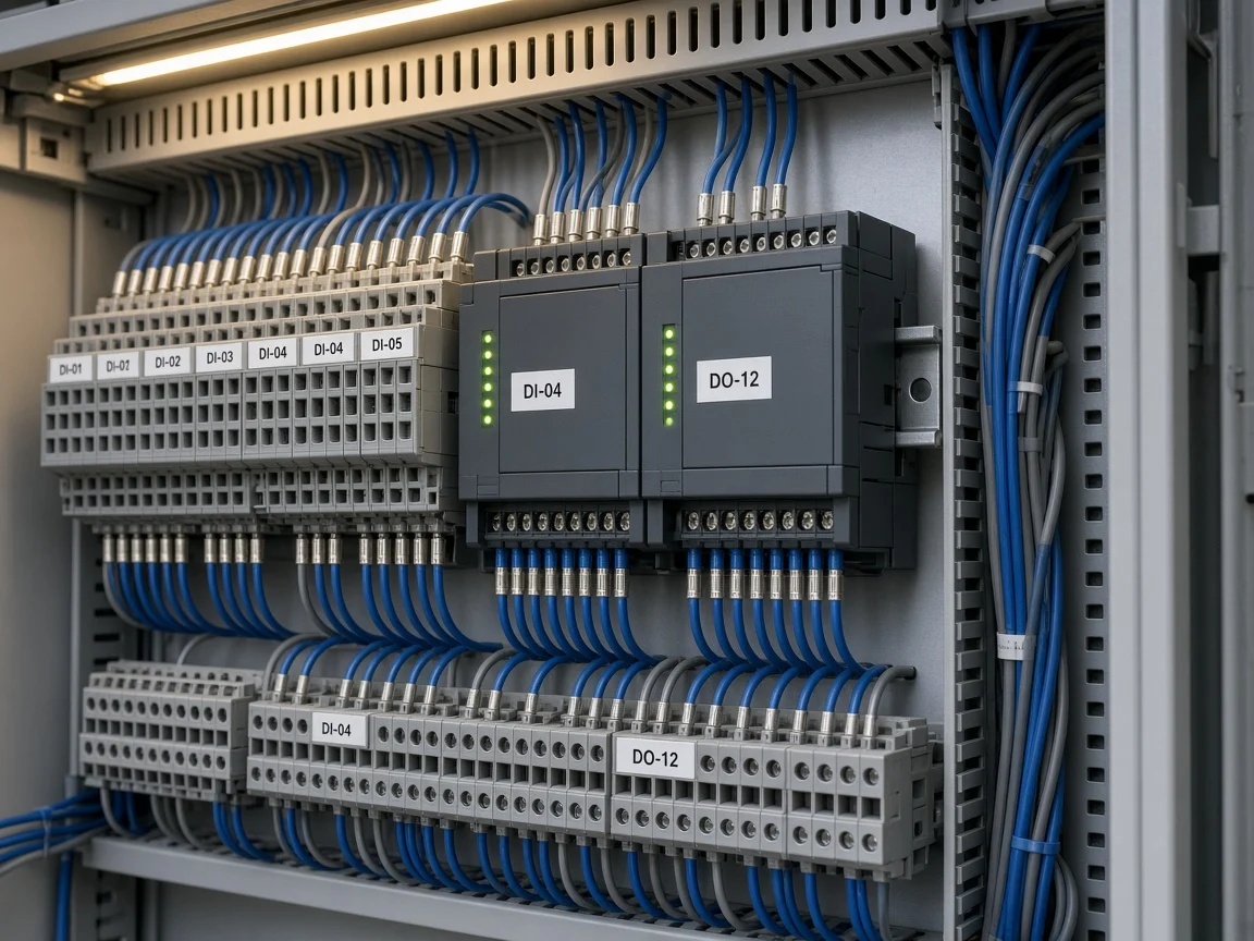 Düzenli ferüllenmiş kabloların bağlandığı endüstriyel I/O klemens sırası