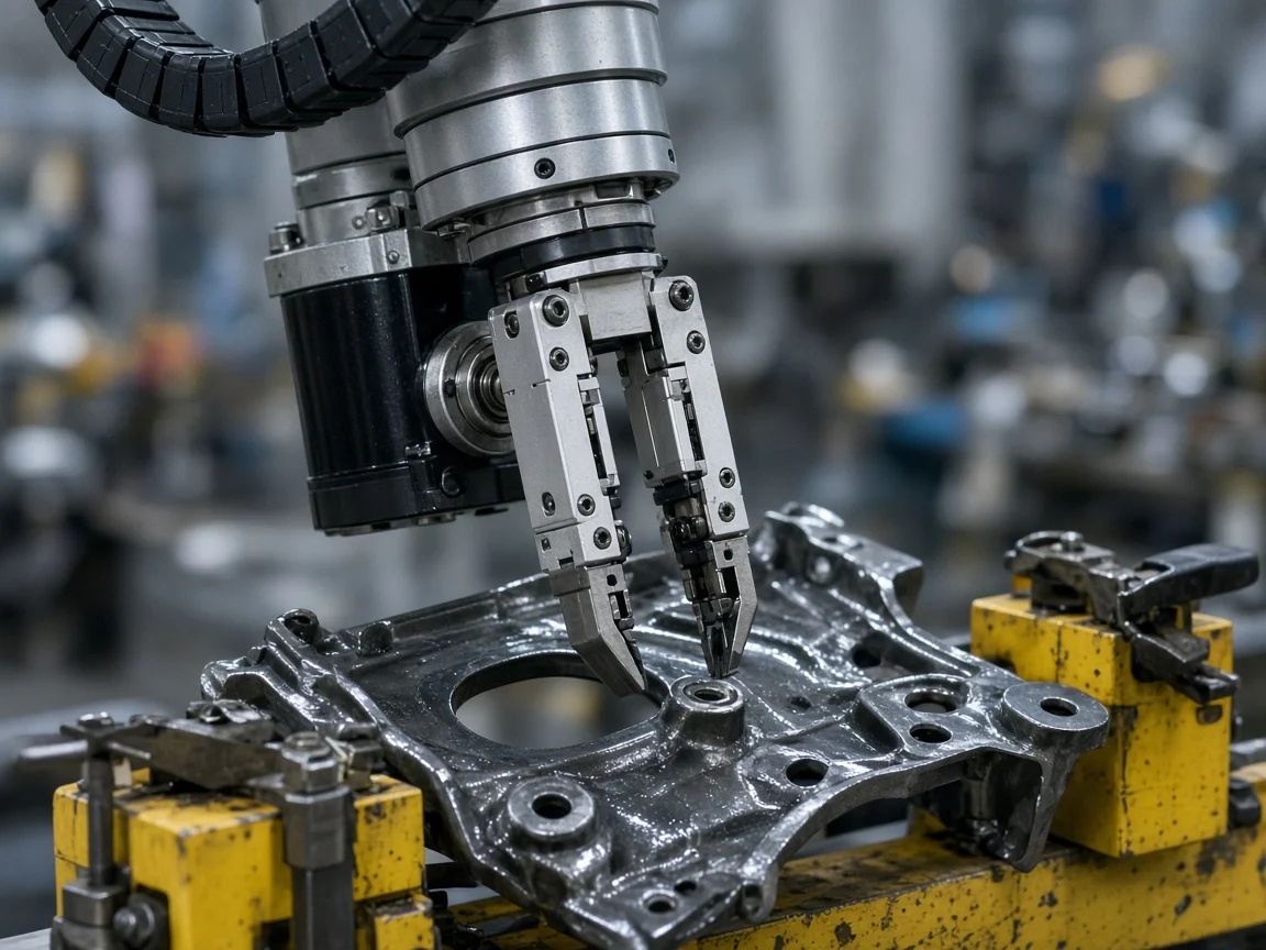 Fikstürdeki çelik parçaya yaklaşan endüstriyel robot bileği ve tutucu