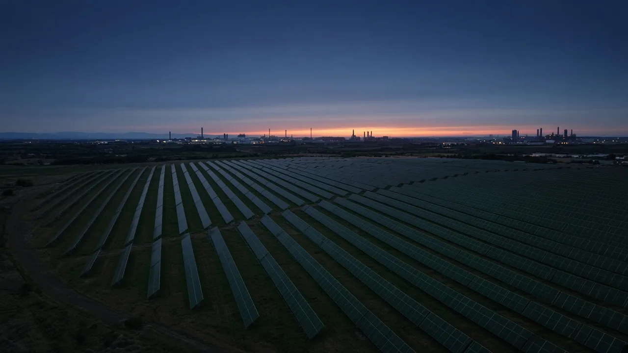 Alacakaranlıkta uzanan ticari güneş enerjisi sahası, düzenli panel dizileri ve sakin bir sanayi ufku