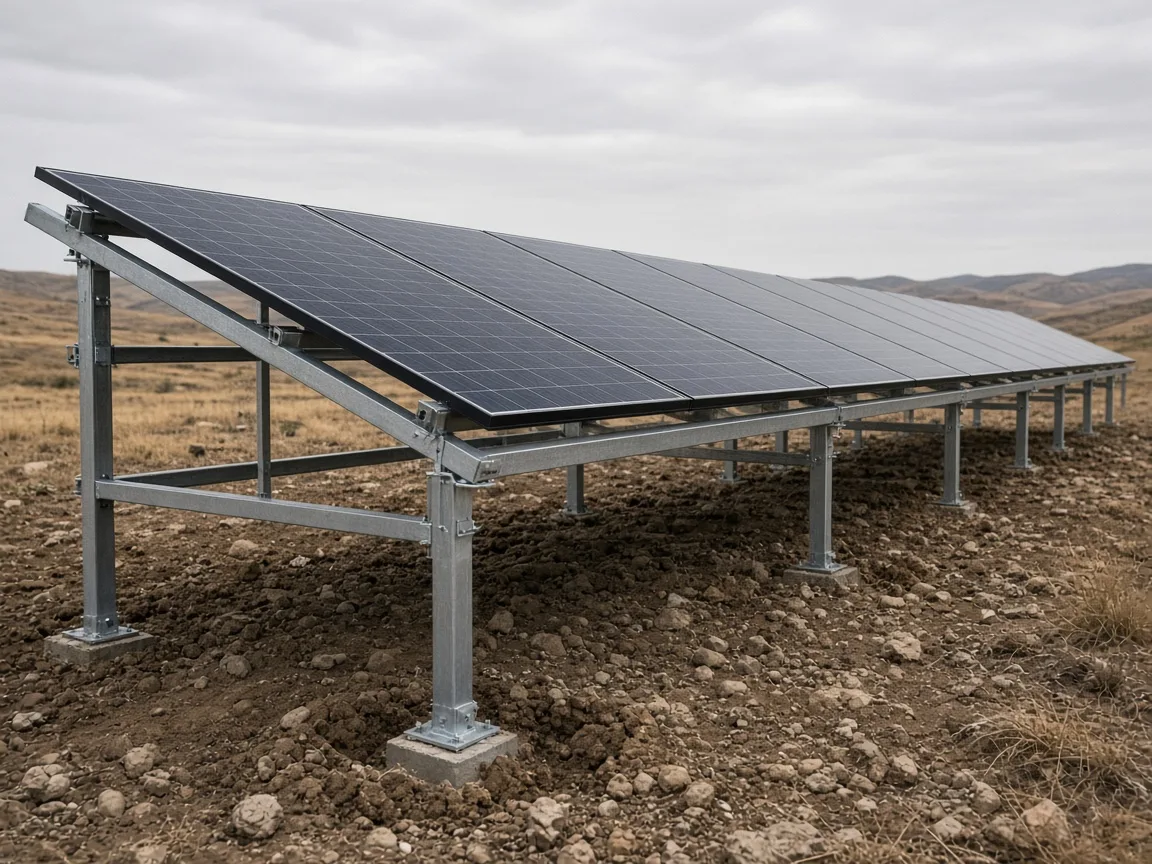 Arazi tipi güneş sahasında panel taşıyıcı konstrüksiyon detayı