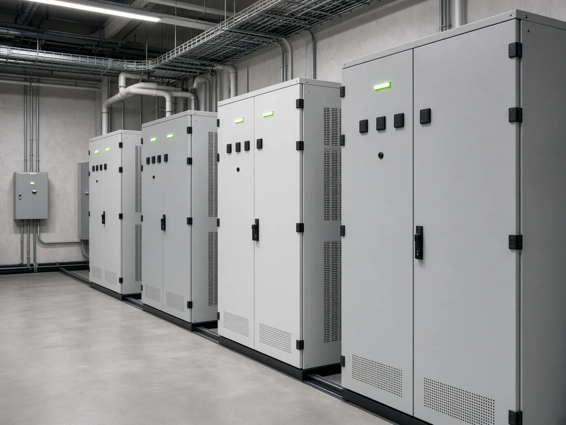 Endüstriyel enerji depolama odasında sıralı dolaplar