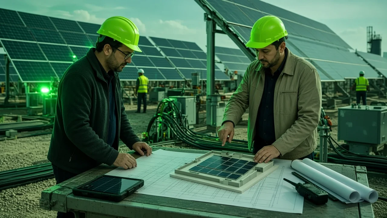 EPC proje yöneticisi sahadaki güneş enerjisi kurulum ekiplerini koordine ediyor