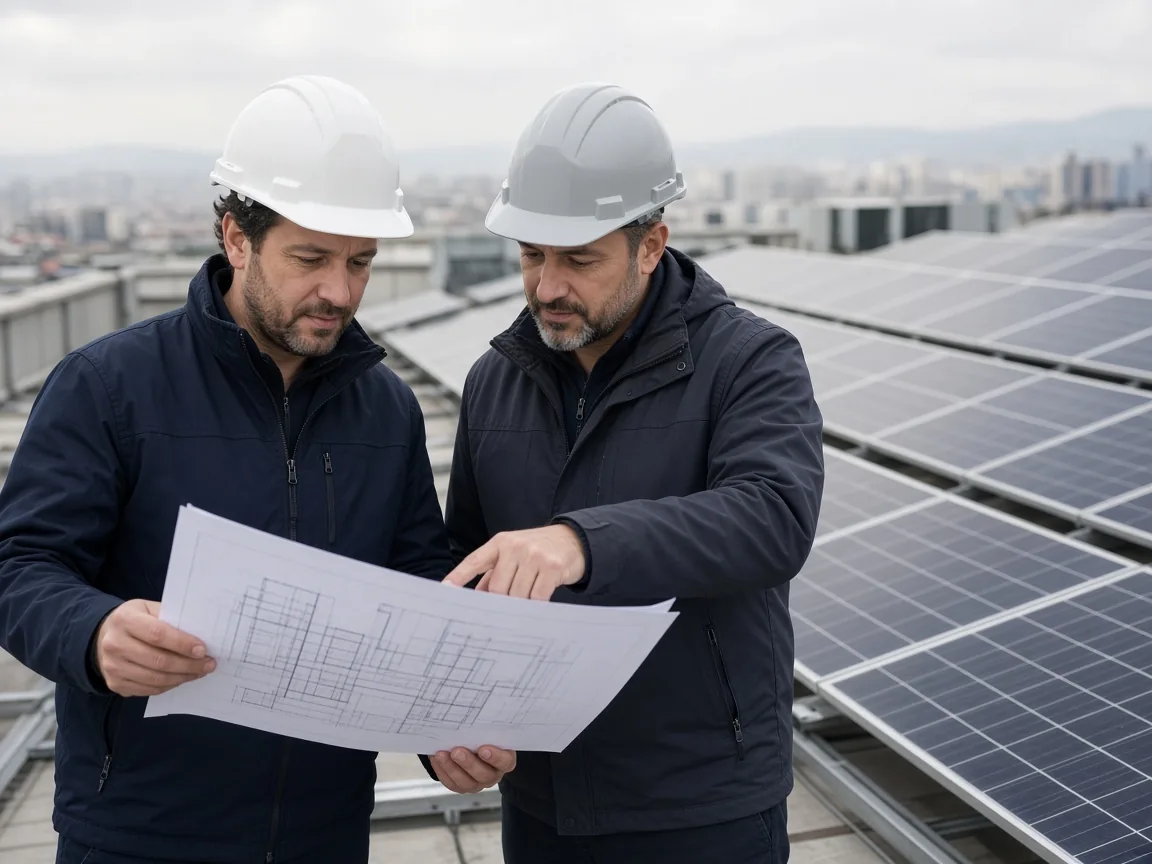 İki enerji mühendisinin ticari çatı GES sahasında kurulum planını incelemesi