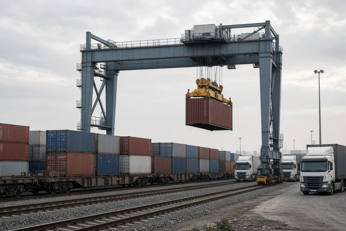 Intermodal terminalde konteyner, ray ve kara aktarma operasyonu