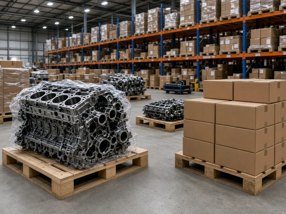 Otomotiv parça dağıtım deposunda paletlenmiş bileşenler