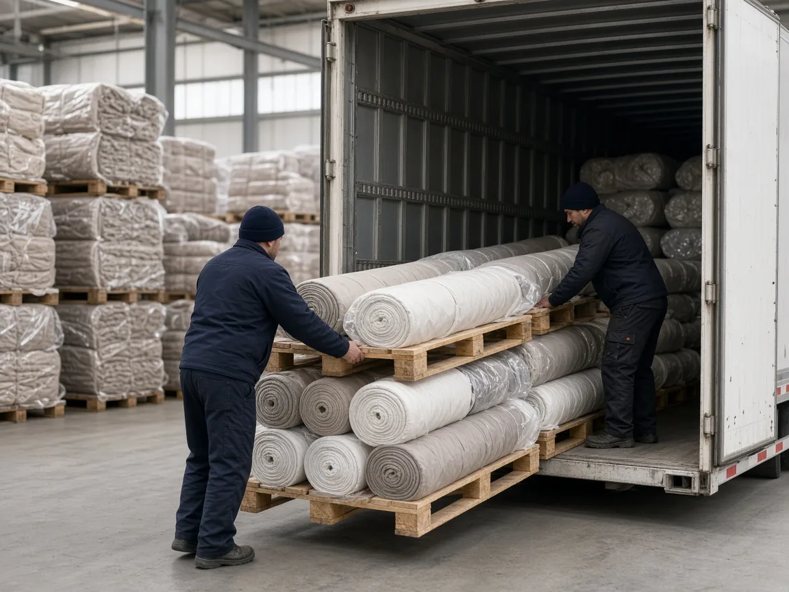 İhracat için paletlenmiş tekstil ruloları ve sezon kartonları
