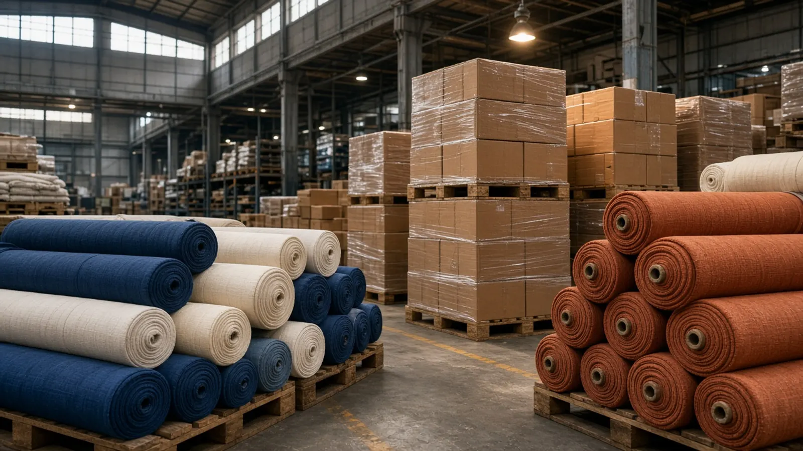 İhracat için paletlenmiş tekstil ruloları ve sezon kartonları