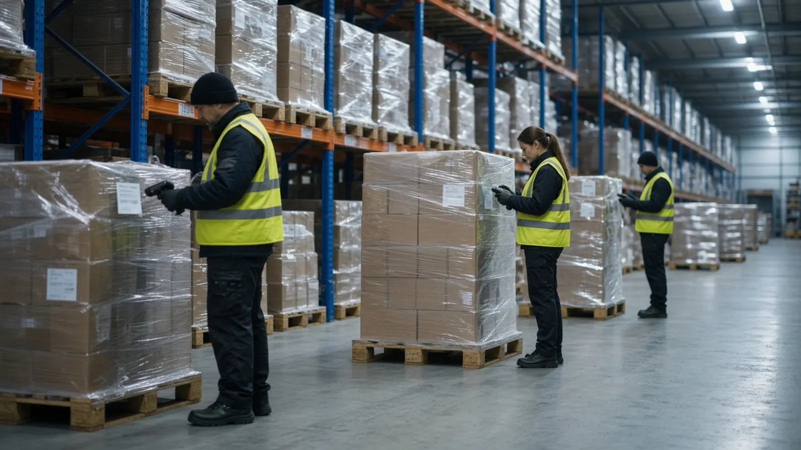 Yüksek raflı depoda palet etiketlerini kontrol eden lojistik ekibi